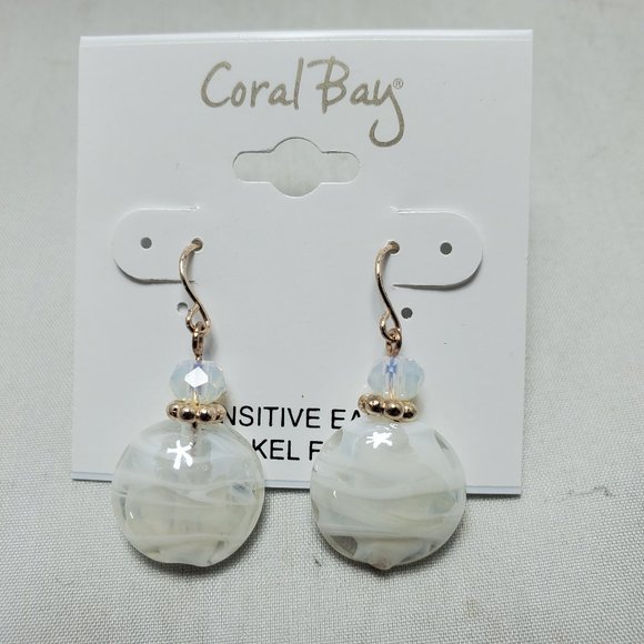 Coral Bay White Glass Double Bead Drop Earrings White/rose Gold Tone - Picture 3 of 4